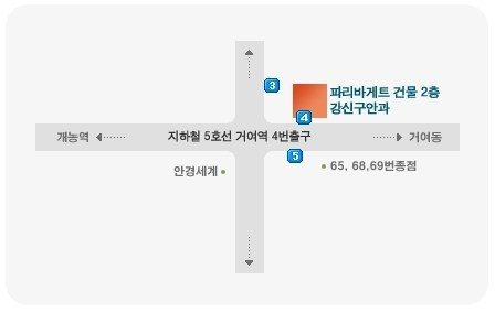 약도: 지하철 5호선 거여역 4번 출구 바로 앞 파리바게트 건물 2층에 병원이 있습니다. 왼쪽은 개롱역, 오른쪽은 거여동 방향이며, 맞은편에 안경세계, 근처에 65, 68, 69번 버스 정류장이 있습니다.