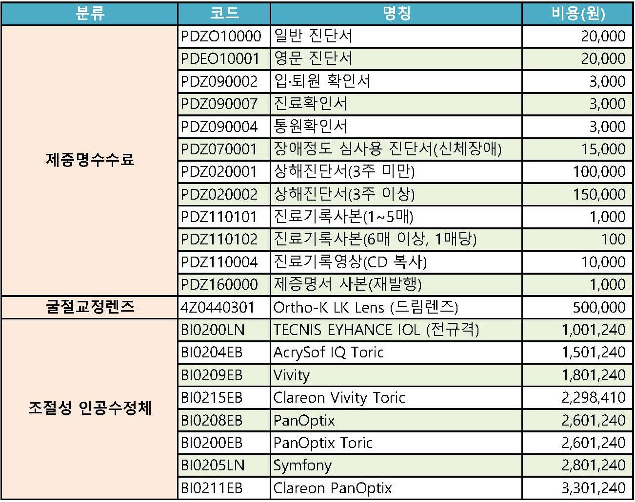 비급여 진료비용 원본 표