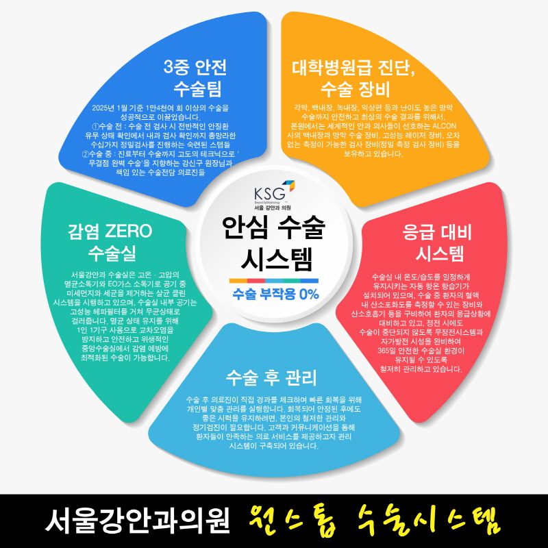서울강안과의원 원스톱 수술시스템 안내도. 안심 수술 시스템(수술 부작용 0%)을 중심으로 3중 안전 수술팀, 대학병원급 진단·수술 장비, 응급 대비 시스템, 수술 후 관리, 감염 ZERO 수술실 5가지로 구성됩니다. 각 항목의 설명은 위 본문과 같습니다.